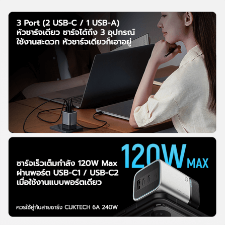 หัวชาร์จเร็วพร้อมสาย CUKTECH รุ่น AD1203P GAN 120W สีเทา ชาร์จสูงสุด 3 อุปกรณ์_7